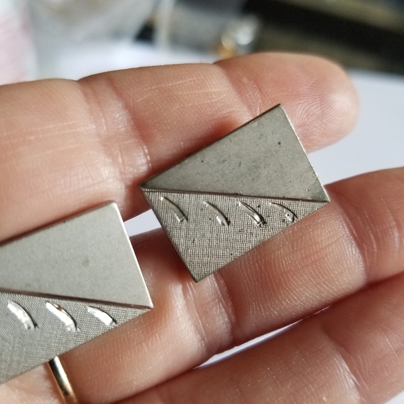 Vintage cuff links silver tone rectangular diagonal lines cufflinks mens jewelry - Picture 7 of 8